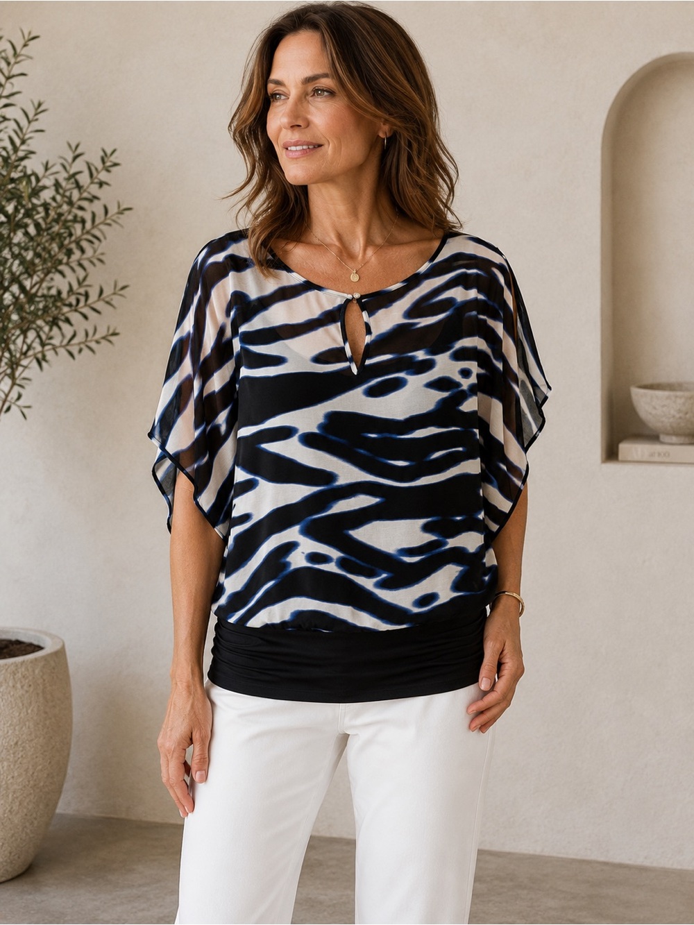 Jennifer Lopez Black and Blue Abstract Blouse